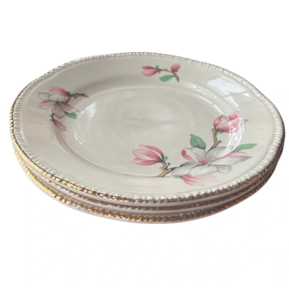 Homer Laughlin Dogwood Fine China Floral Plate Set Vintage Pink Gold Trim Pc Set